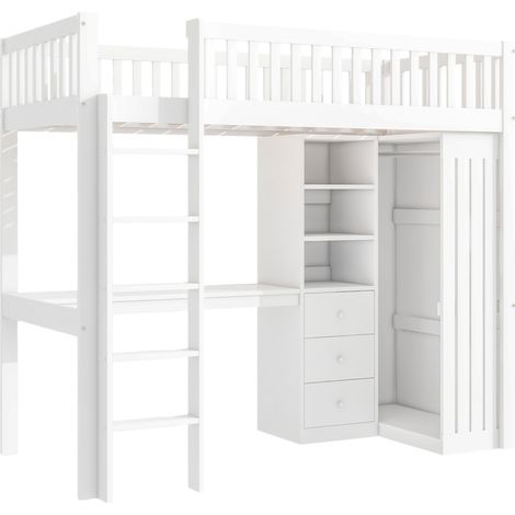 Cama alta 90 x 200 cm blanca con escritorio, armario, 3 cajones y escalera (1/5)
