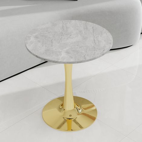 Table basse dorée 27,6 pouces, style moderne du milieu du siècle, 2-4 personnes, plateau rond marbre finition gris clair veiné (1/5)