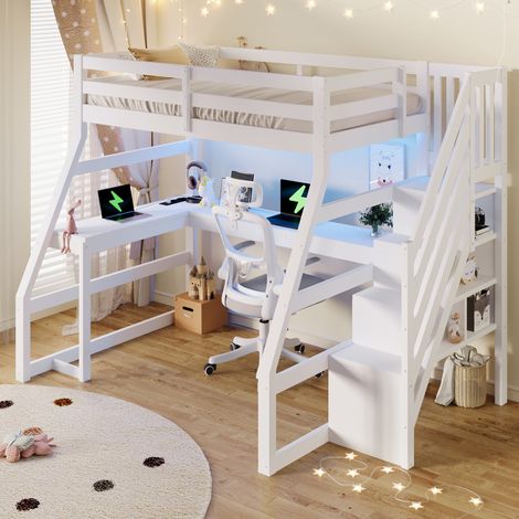 Lit surélevé bois blanc 90x200cm, bureau intégré, lampe LED avec port USB, échelle rangement, couchage 2 places (1/5)