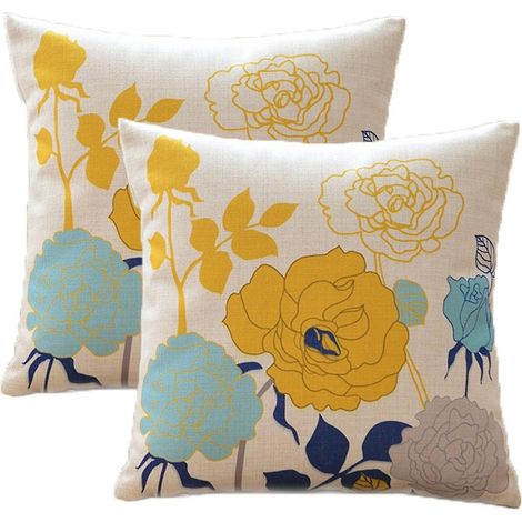 Housses de coussin bleues et jaunes 2024, style ferme, en coton et lin, pour coussins d'extérieur, 45 x 45 cm