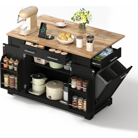 Isola cucina mobile 138x86x92 cm MDF nero effetto legno piano ribaltabile USB - CHICFURN (1/5)
