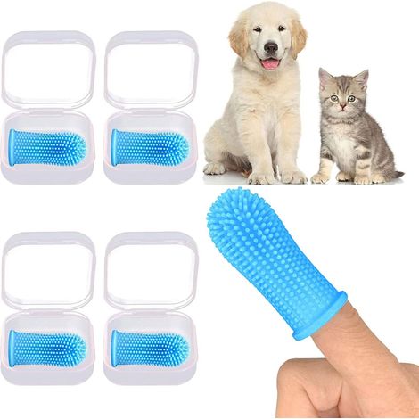 Lot de 4 brosses à dents (bleues) pour chiens et chats, brosse à dents en silicone 360° pour le nettoyage de la langue et des dents. (1/5)