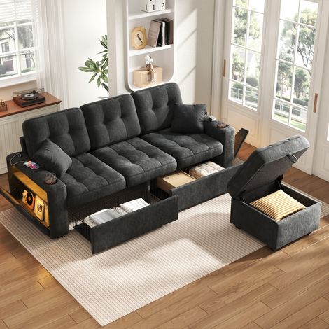 Canapé multifonction en chenille avec USB-C, LED, porte-gobelets, rangements latéraux, 2 tiroirs roulants et pouf coffre -Nior (1/5)