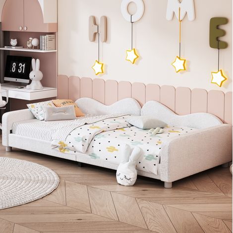 Cama infantil tapizada tipo sofá con respaldo blanca OKMYHOME (1/5)