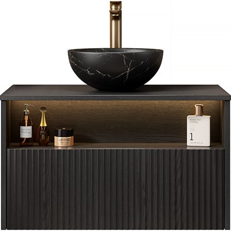CHICFURN Mueble lavabo suspendido 80 cm en cerámica negra, LED, premontado, moderno (1/5)
