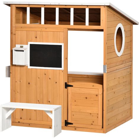 Maisonnette pour enfants en bois naturel, avec boîte aux lettres et jardinière, naturelle