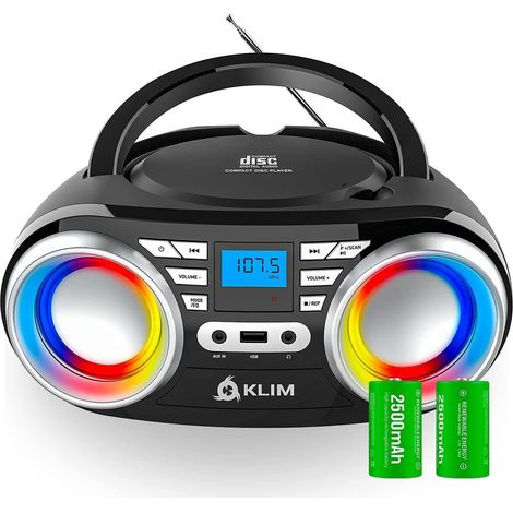 Poste Radio CD Portable - Radio FM, CD, Bluetooth, USB, MP3 - CD Boombox - Mode Filaire et sans Fil avec Piles Rechargeables - Lentille Laser - Lecteur CD Portable (1/5)