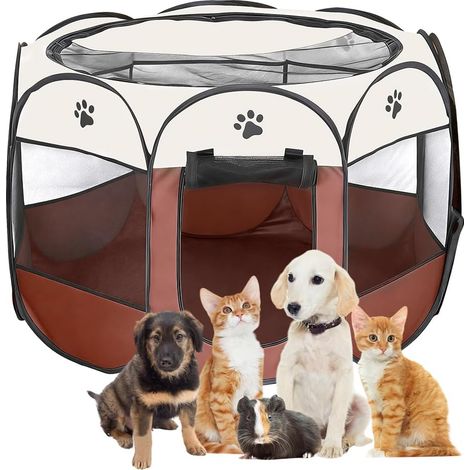 Parc pliable pour animaux - 74 x 74 x 43 cm - En tissu Oxford et maille respirante - Pour l'intérieur et l'extérieur - Chats, chiens, lapins et petits animaux - Marron café (1/5)