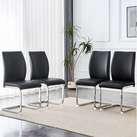 Lote de 4 sillas de comedor con patas de metal plateado, de PU, negro (1/5)