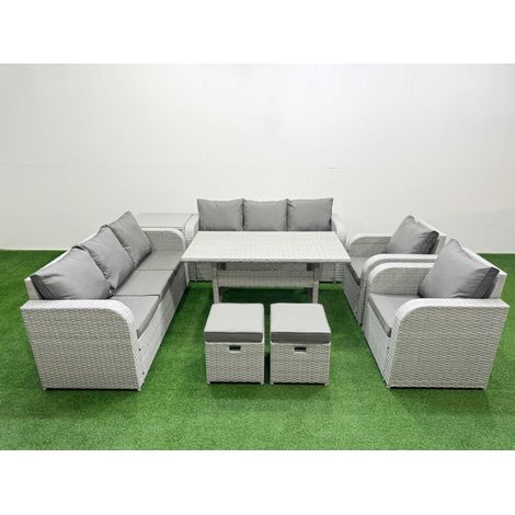 Fimous PE Rattan High Back Lounge Sofa Set Patio Rectangular Dining Table & Chairs Set with 3 Seater Sofa Reclining Chair Stools Side Table Light Grey (1/4)