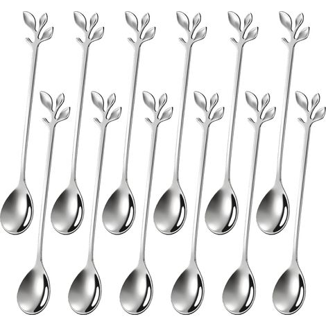 Set de 6 cuillère, design feuille, acier inoxydable, poli miroir, pour café et dessert