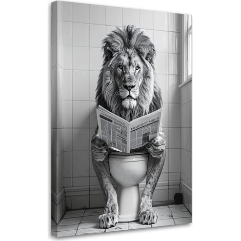 Tableau déco Lion humoristique lisant le journal dans les toilettes noir et blanc 40x60 (1/4)