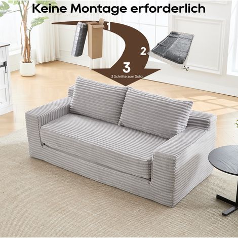 Canapé 2 places convertible, mousse mémoire, sans montage, pour petit espace, tissu côtelé gris clair (1/5)