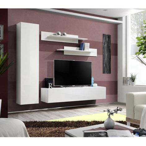 Ensemble meuble TV mural  - Fly I - 210 cm x 190 cm x 40 cm - Blanc - Livraison gratuite