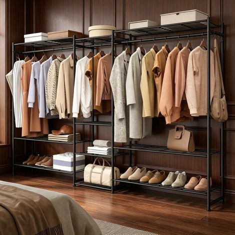 Black LEDREM Carbon Steel Open Wardrobe Portable Metal Clothes Storage Rack with Rails, Hangers & S Hooks (1/5)