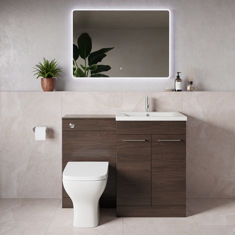 Napoli 460 Brown Oak 1100mm 2 Door Vanity Unit Toilet Suite with Glide Basin - 1100mm - Chrome 160mm HandleWith Kingston Toilet Pan and Seat