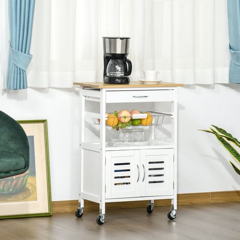 Carrello da cucina HOMCOM con ruote, carrello multiuso con piano in bambù, cassetto, cestello in metallo e armadietto a 2 ante con serranda avvolgibile, 58x37x85,5 cm, bianco. (1/5)
