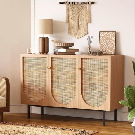 Buffet en Rotin à 3 Portes avec Étagères Réglables Armoire en Bois avec Poignées Métalliques, Meuble de Rangement Polyvalent pour Salon, Cuisine, Couloir, 117x37,5x75 cm (1/5)