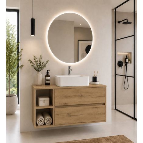 Mobile bagno con top in legno e lavabo da appoggio ORIGENBATH ZEUS senza specchio 80x45 cm Sinistra Estepa (1/5)