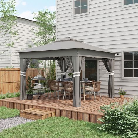 Gazebo da Giardino ad Altezza Regolabile con Luci LED, in Acciaio e tessuto Oxford, 336x336x250-270 cm, Grigio