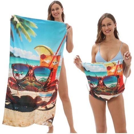 Verwandlungsfähiges Strandtuch 70 x 140 cm, Krabbe mit Sonnenbrille – schnelltrocknender, saugfähiger Mikrofaser-Rucksack (1/5)