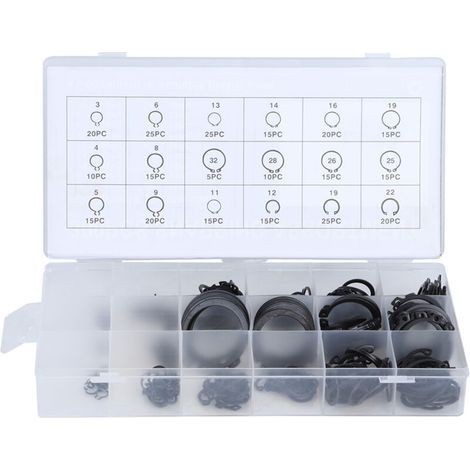 Pince circlips, 300pcs 2-32mm Kit de bague lastique E-Clip Kit de bague de retenue pression externe Assortiment de bague de retenue externe Noir (1/5)
