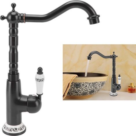 Robinet de cuisine Antique or tout cuivre européen Antique chaud froid mélangé 360 ° rotatif robinet d\'évier de cuisine noir (1/5)