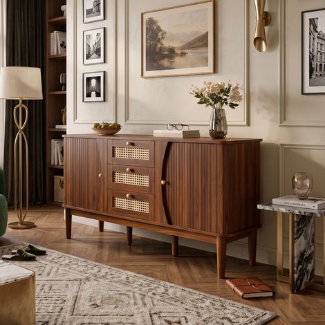 Creahappy Buffet Enfilade 141x40x77 cm - Grand Espace de Rangement - Cannage Rotin & Effet Noyer - 2 Portes Coulissantes 3 Tiroirs