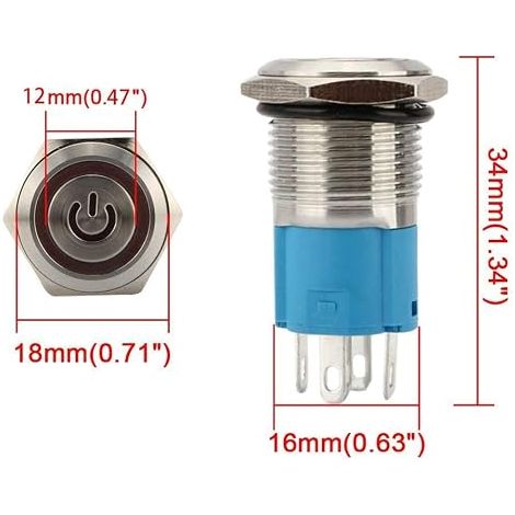 Interrupteur Bouton-poussoir LED Commutateur Bouton Acier Inoxydable Interrupteur Etanche (Bleu Rouge 16mm) (1/4)