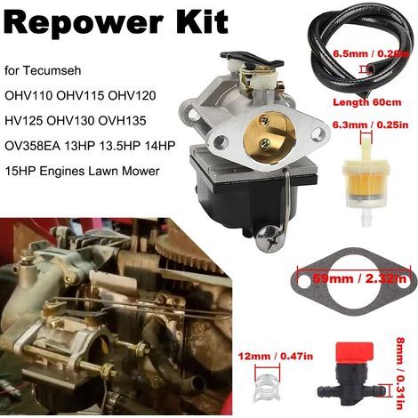 Tecumseh Rasenmäher-Vergaser-Reparatursatz 640065A 640065 OV358EA OVH135 OHV110 OHV115 OHV120 OHV125 OHV130 50-654 13-15 PS, mit Kraftstoffleitungsdichtung (1/5)