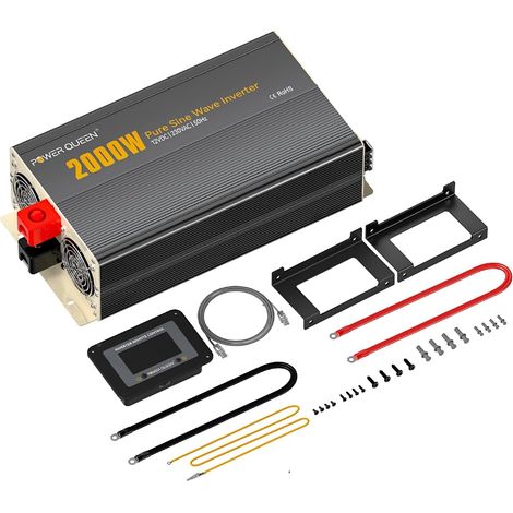 2000W Onduleur à Onde Sinusoïdale Pure, Convertisseur de Tension 12V à 230V avec écran LCD + Télécommande, 2 Prises CA, Connexion USB + Tycp-C, Onduleur Solaire pour Camping-Cars,Bateaux (1/5)
