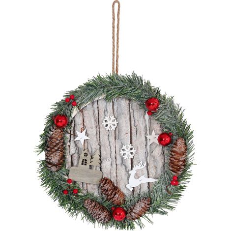 Couronne de porte HHG-812, couronne décorative de Noël Couronne de Noël, pomme de pin en bois ronde Ø30cm (1/5)