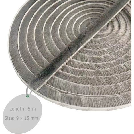 Türdichtung mit Bürsten, 5 m (L) x 9 mm (B) x 15 mm (T), Grau, Fensterdichtung zur Schalldämmung von Türen, selbstklebende Bürstendichtung, Bürstendichtung für Schiebetüren, Bürstendichtung für Moskit