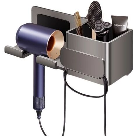 Support gris pour sèche-cheveux, sans perçage, enrouleur de cordon de rangement pour salle de bain, étagère de salle de bain. (1/5)