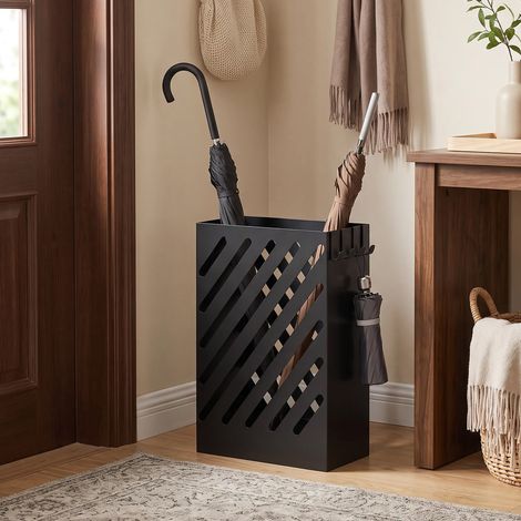 Porte-parapluie avec bac égouttoir, 4 crochets, acier, 28 cm (L) x 14 cm (l) x 41 cm (H), noir (1/5)