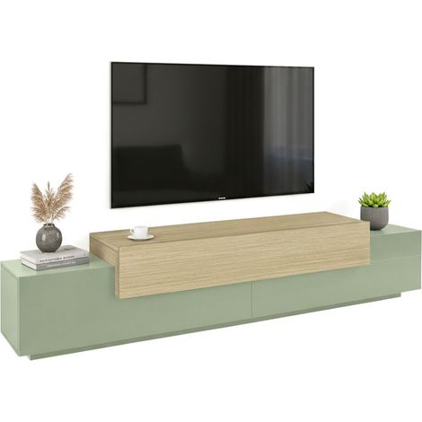 Mueble para TV Curino, 3 estantes, 4 compartimentos, hecho en Italia, apertura abatible, 240x45x51.5h cm verde