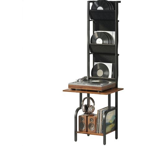 Présentoir à CD industriel 3 poches tissu plateau rangement CD DVD aspect bois rustique marron