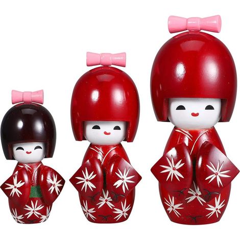 Lot de 3 Poupées Kimono Japonaises Traditionnelles en Bois, Décoration Intérieure Artisanale Rouge Jujube Motifs Fleurs de Cerisier, Accessoires Décoratifs pour Maison, (1/5)