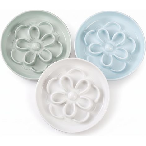 Melamine Anti Glutton Cat Bowl - Slow Feeding Bowls - Labyrinth Flowers - Dishwasher Safe - Pack of 3 (White, Green and Blue) (1/5)