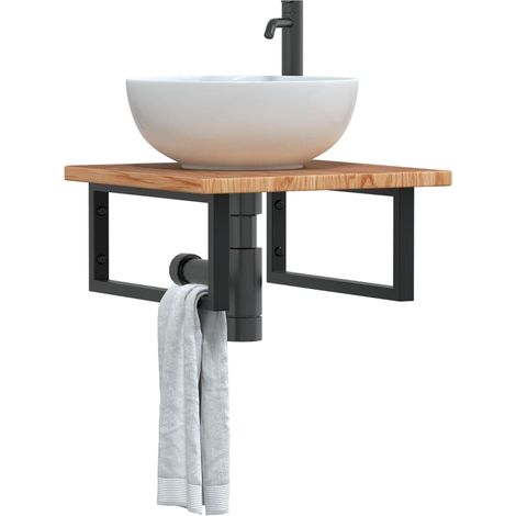 Estante de lavabo de pared de acero y madera maciza de roble