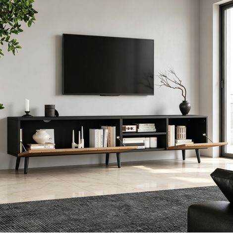 Mobile TV 180x33.5x45 cm nero e legno in truciolato con 3 ante, vano aperto e passacavi (1/5)