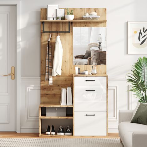 Ensemble de meubles d'entrée 100x38x190 cm, avec miroir, banc à chaussures, meuble à chaussures, meuble d'entrée, étagère murale, 1 tiroir 2 armoires, porte-manteau d'entrée - Naturel (1/5)