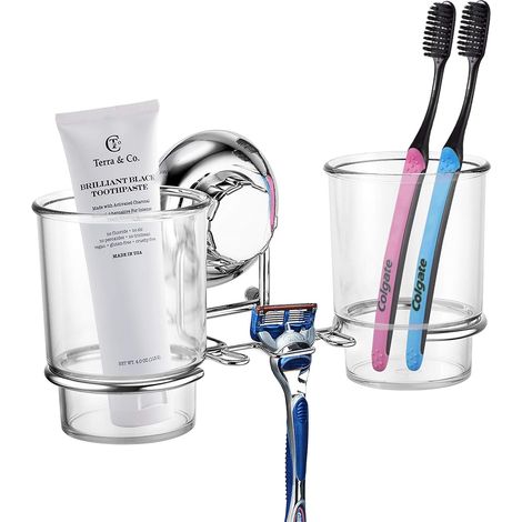 Double Porte-Brosses à Dents - Porte-Brosse à Dents avec 2 Gobelets - Support Brosse à Dents avec Ventouses - Pas de Perçage - Acier Inoxydable Ne Rouille Jamais - Idéal Support à Dentifrice (1/5)