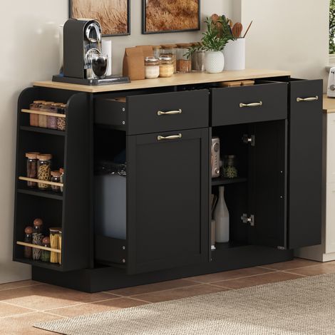 Credenza da cucina con 3 cassetti, vano cestino ed etagère per spezie, nero DESVIAE (1/5)