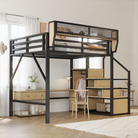 Mezzanine 140x200 cm en métal noir, lit superposé adulte enfant avec échelle sécurisée et espace de rangement modulable.