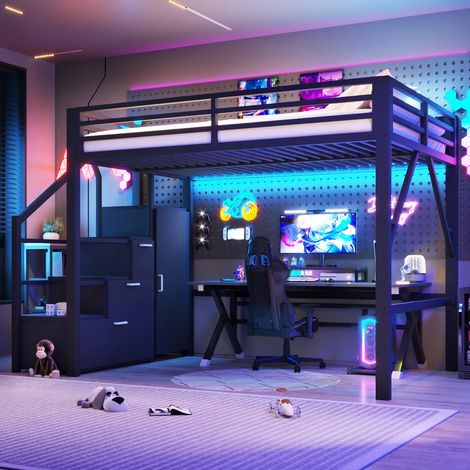 Lit mezzanine métal noir 140x200 cm avec penderie, compartiments de rangement et éclairage LED pour chambre (sans Matelas) (1/5)