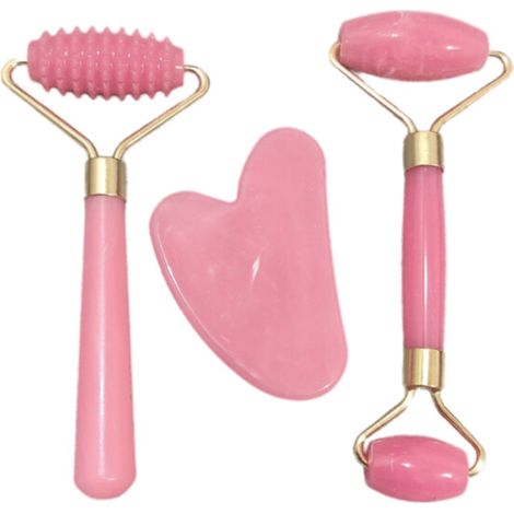 Lot de 3 rouleaux de massage faciaux en résine rose et Gua Sha rose (1/2)