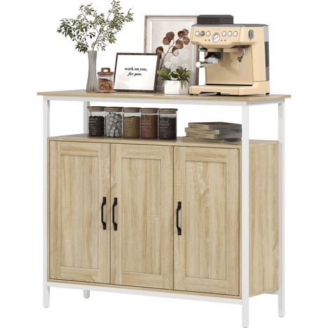 Buffet, meuble de rangement avec 3 portes, compartiment ouvert et 4 étagères réglables, 100 x 35 x 88 cm, bois naturel (1/5)