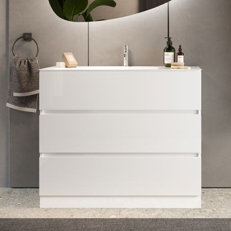 Meuble salle de bain design blanc + vasque L 100cm TANIA (1/4)