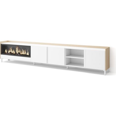 Skraut Home - Meuble TV, Banc Télé, Grand espace de Rangement, 315x35x61cm, Pour les TV jusqu'à 80", Cheminée électrique XXL, Design industriel, Style moderne, Blanc et Chêne Soft (1/5)